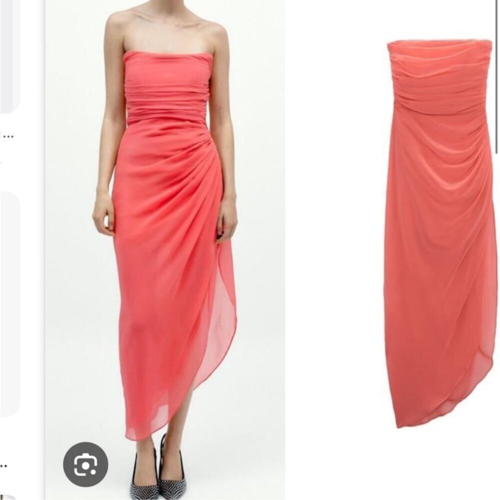 Brand New ZARA PEACH SHEER ASYMMETRICAL OFF SHOULDER STRAPLESS DRESS